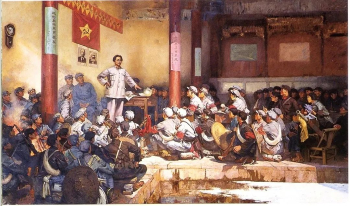 　　△穿上新军装的红四军队伍焕然一新。1929年12月28日—29日，毛泽东、朱德、陈毅在上杭古田的廖氏宗祠领导召开了古田会议。