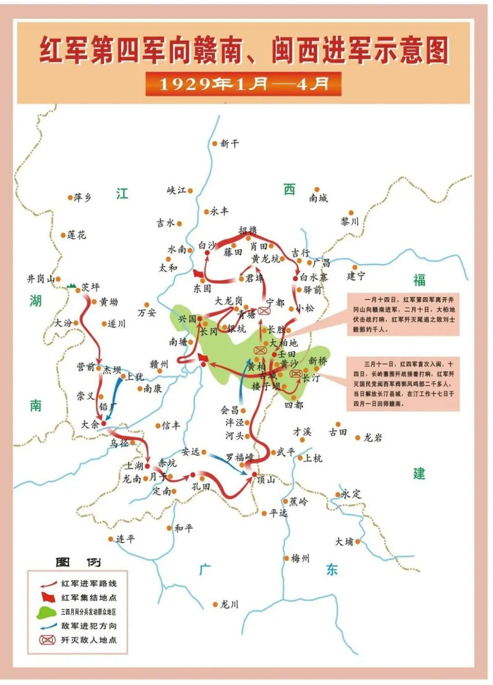 　　△红军第四军向赣南、闽西进军示意图（1929年1月—4月）