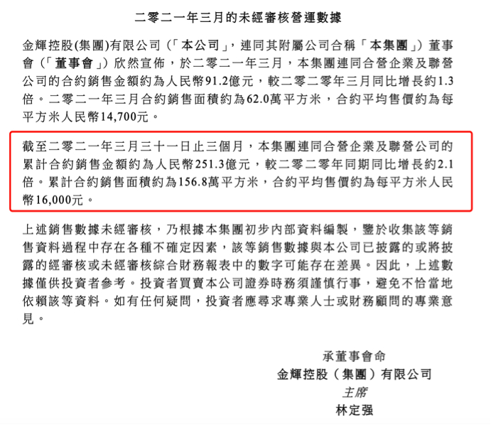 图片来源：金辉控股三月营运数据公告