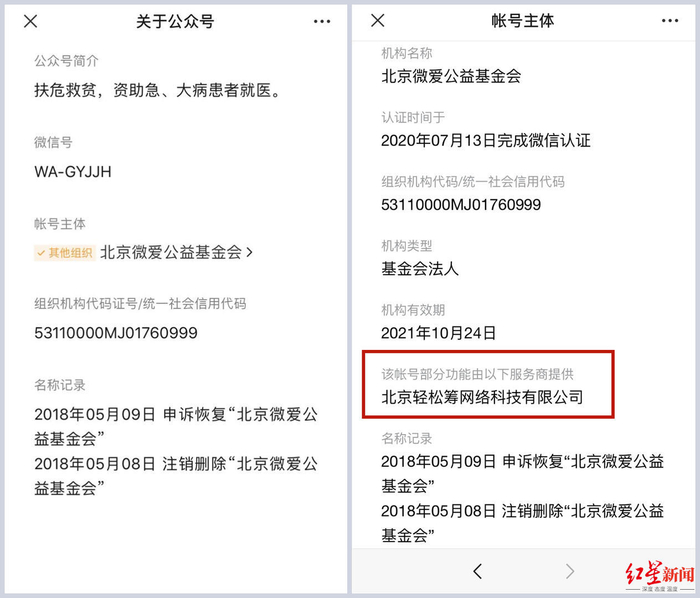 ▲北京微爱公益基金会官方公众号账号信息