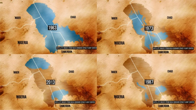 △乍得湖湖面变化示意图（图片来源：尼日利亚2016年环保纪录片《无处可逃》）