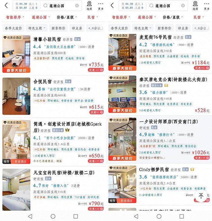 图 / 西安市莲湖公园附近民宿价格；来源 / 美团APP 燃财经截图
