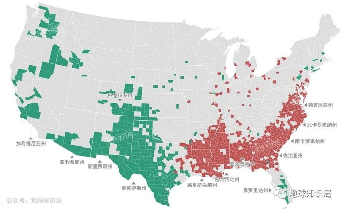西南部的少数族裔主要是拉丁裔，主要原因是与墨西哥接壤（制图参考：https://www.brookings.edu/）