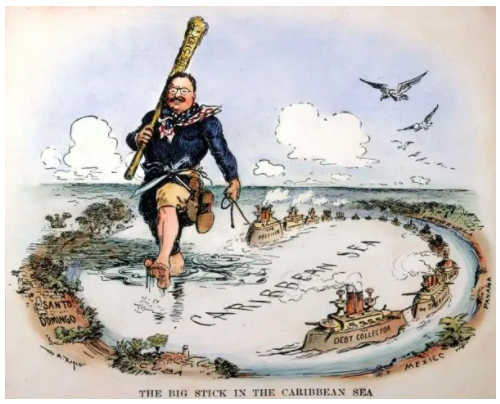 △20世纪初，时任美国总统老罗斯福（西奥多·罗斯福）奉行“大棒政策”，对加勒比地区各国横加干涉。（漫画：William Allen Rogers）