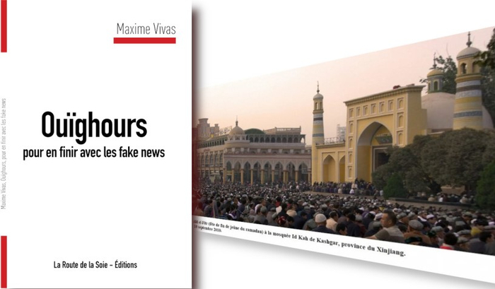 △《维吾尔族假新闻的终结》封面和维瓦斯拍摄的新疆清真寺（图片来自中国驻法大使馆）