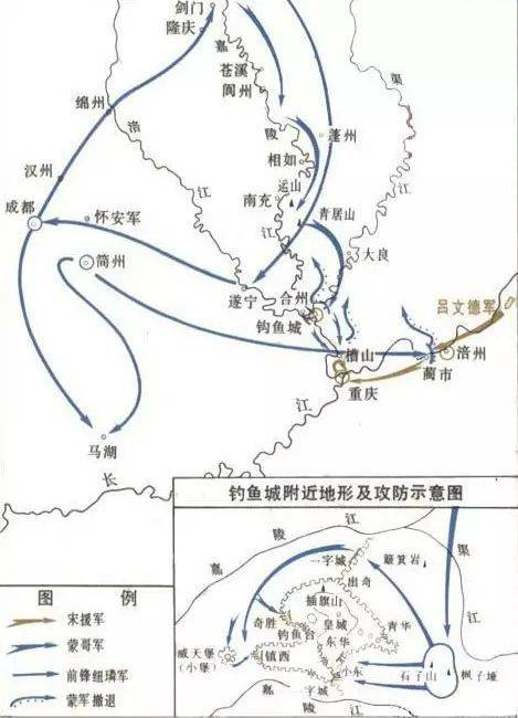 钓鱼城之战经过示意图，蒙古大军攻下钓鱼城花了几十年时间