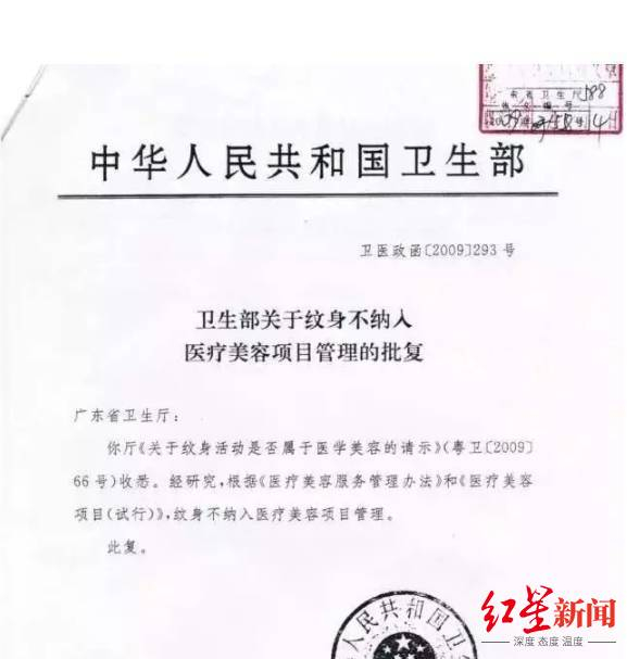  ↑2005年卫生部在关于“三纹”（纹身、纹眉、纹唇）的回应文中则提到：纹身不属于医学美容范畴。