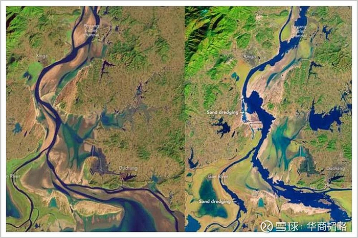 ▲被挖空的鄱阳湖，1995年12月与2013年12月对比