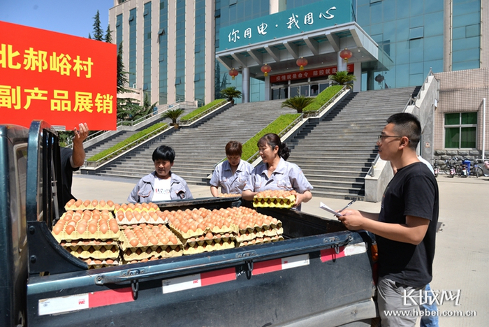 国网石家庄供电公司实施“消费扶贫”爱心购活动，员工争相购买帮扶村鸡蛋、蔬菜、食用油等农副产品。资料图片