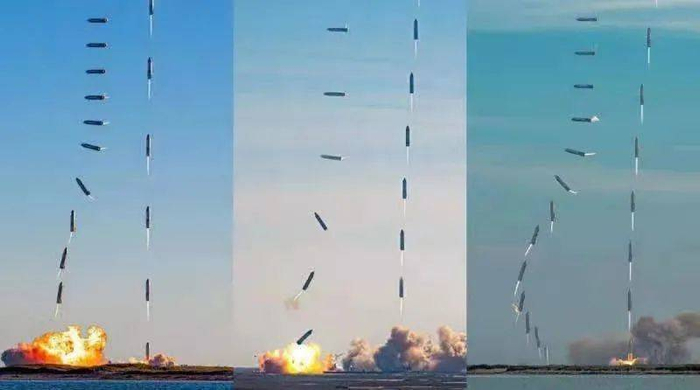 图注：从左到右分别是SN8，SN9和SN10试飞姿态和轨迹