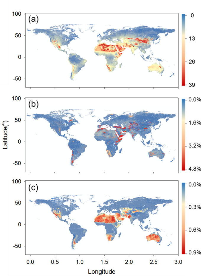 ▲全球土壤地衣型真菌的空间分布（a,地衣型真菌的多样性；b,Verrucaria的相对丰度；c,Endocarpon的相对丰度）