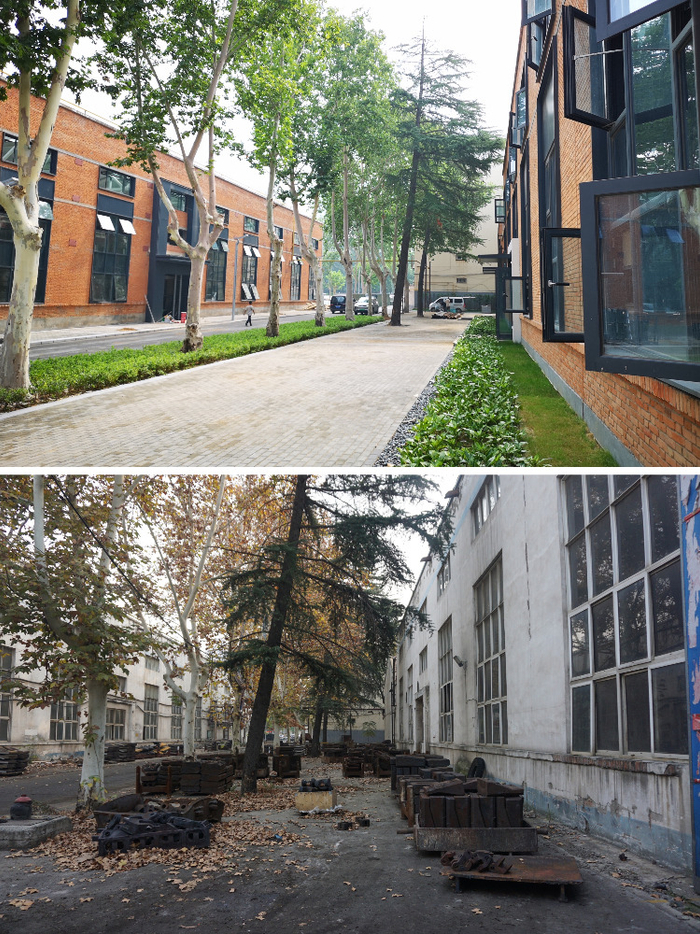 改造后（上图）和改造前（下图）的河南郑州芝麻街1958双创园一角（受访对象供图）