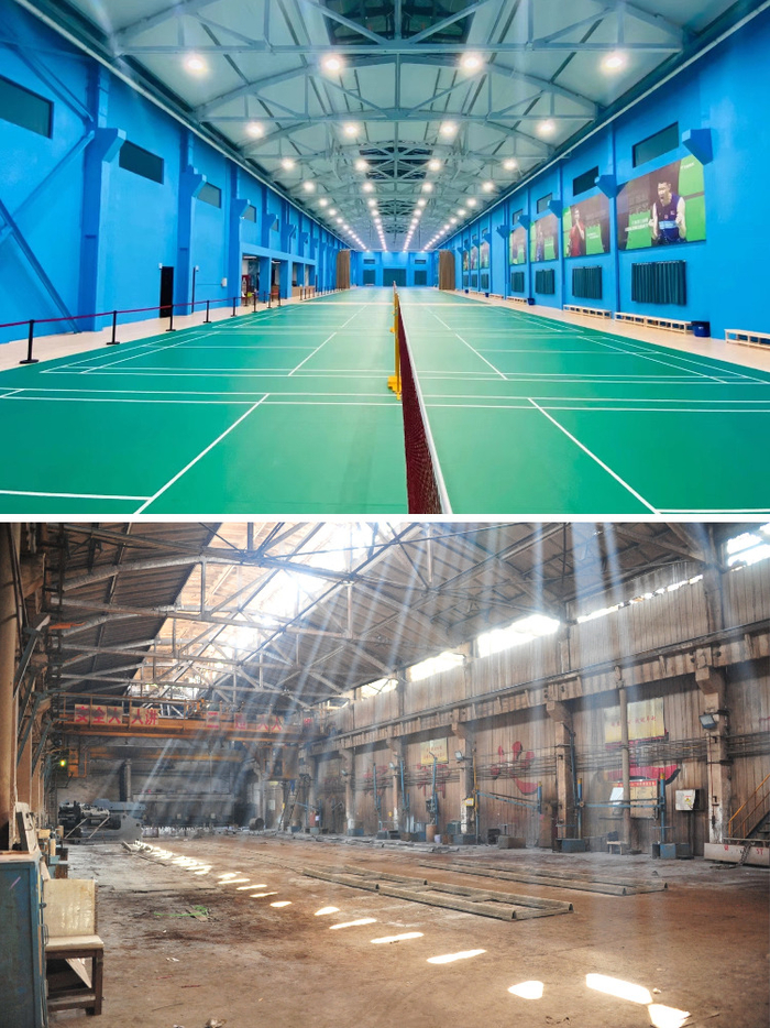 改造后（上图）和改造前（下图）的河南郑州芝麻街1958双创园内一处厂房（受访对象供图）