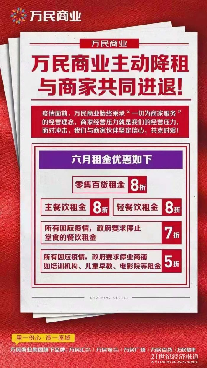 图为：万民商业集团为餐企、电影院等主动降租金的通告。