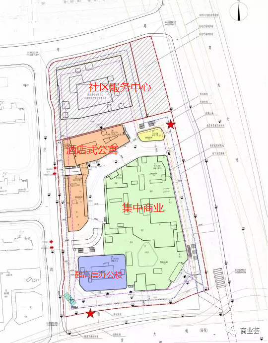 　　根据平面示意图可看出，1#楼集中式商业共6层，2#楼为24层的办公，3#楼为28层的酒店式公寓，1-2层为底商，4#楼是2层的独立式商业。