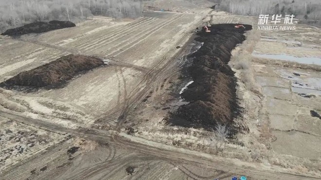 挖掘出来的黑土被堆成小山 图片来源：新华社