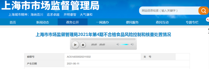 上海市市场监督管理局2021年第4期不合格食品风险控制和核查处置情况