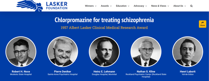 图4. 1957年，拉斯克临床医学奖授予5位医生，表彰他们对氯丙嗪、利血平用于治疗精神分裂等特定精神疾病的研究。