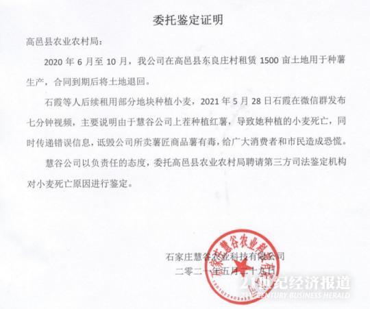 图2：慧谷公司的鉴定委托书 图源：慧谷脱毒红薯公号