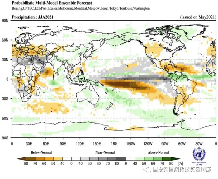 （上图为2021年6-8月全球降水趋势预测，来源于世界气象组织官网）