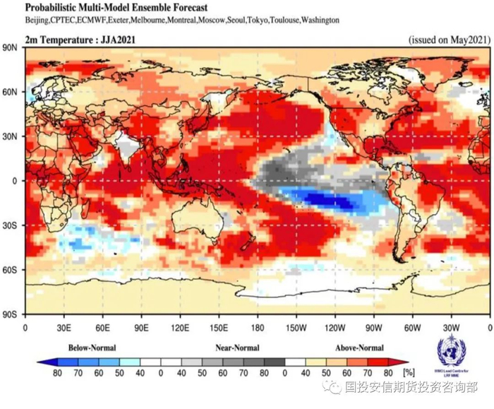 （上图为2021年6-8月全球气温趋势预测，来源于世界气象组织官网）