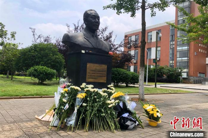 资料图：南昌二中许渊冲雕塑前，敬献的黄白菊花堆满塑像脚边。　吴鹏泉 摄