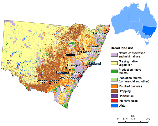 ●新南威尔士州土地利用类型图，棕色部分为农田/澳大利亚农业、水和环境部