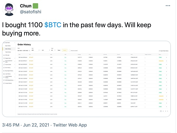 王纯购买比特币的推文