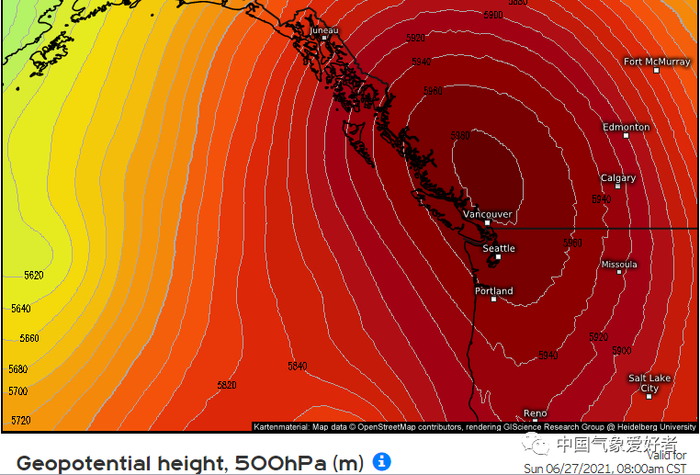 高温第一天，加拿大不列颠哥伦比亚省、美国华盛顿州和俄勒冈州已纷纷打破纪录，其中加拿大温哥华达37.2摄氏度，美国波特兰41.7度，已破百年纪录；美国西雅图38.3度，为历史第二，打破了6月纪录。