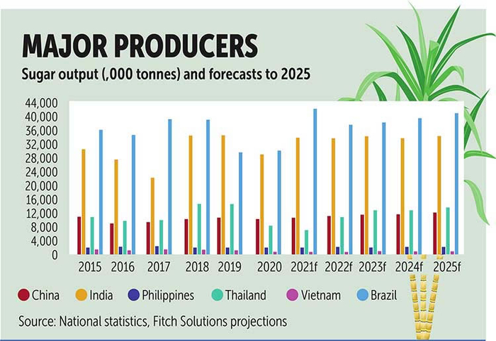 上图为柬埔寨方面预估的中国、印度、菲律宾、泰国、越南、巴西等主要产糖国2015-2025年的产糖量及预估，单位：千吨
