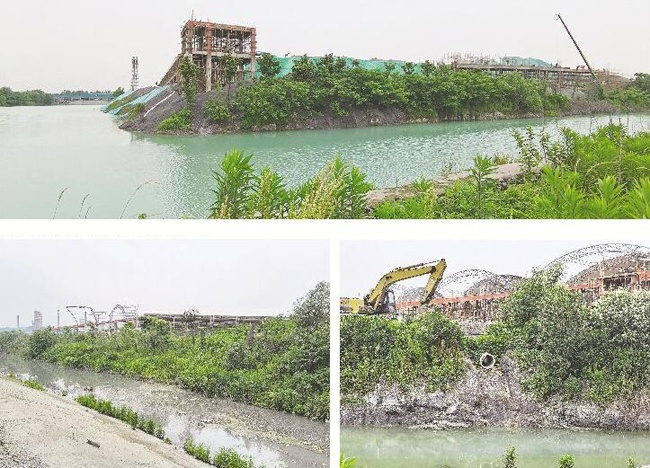 上图：磷石膏堆场东南角，被绿色防尘网遮盖的磷石膏；下左：淋溶水收集沟渠北段，水体颜色呈灰色；下右：通向淋溶水收集沟渠的水泥管及灰绿色的水体 每经记者 黄鑫磊 摄&nbsp;