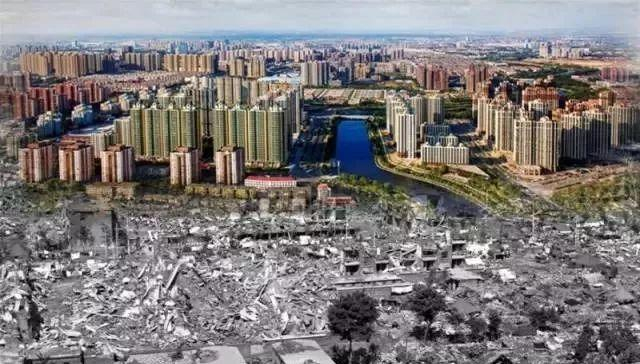 唐山大地震四十多年后的今昔对比：黑白照片为地震后一片废墟的唐山，彩色照片为2018年7月拍摄的唐山市城区。图据新华社