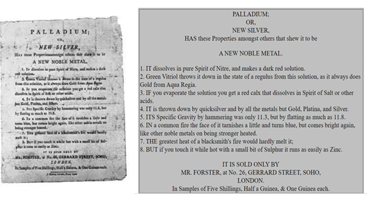 沃拉斯顿为钯写的匿名宣传单，原件藏于英国皇家学会。图源：参考资料2