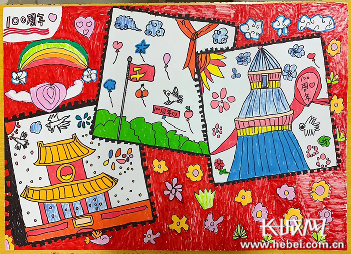 《红旗飘飘百花齐放庆祝建党100周年》作者：崔梓晗