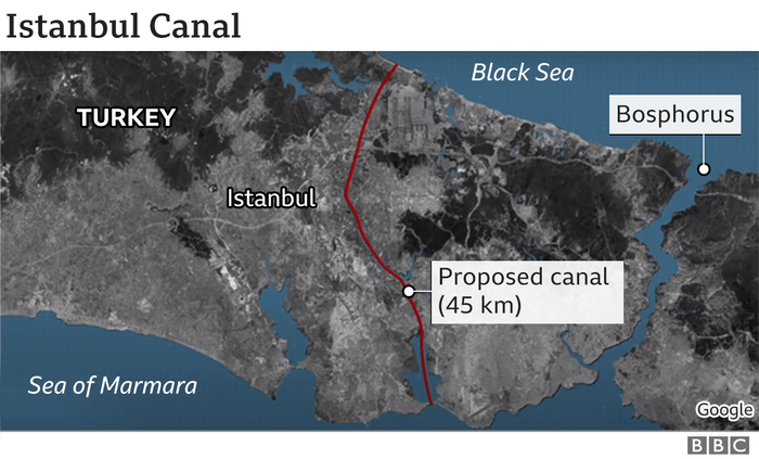 红线为拟建的伊斯坦布尔运河。（图源：BBC）