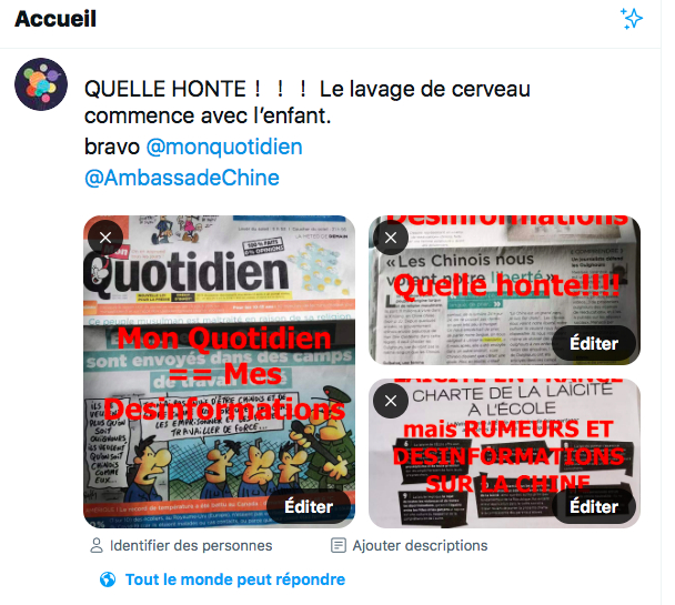 在社交平台上，华人斥责该报提供“假信息”，“可耻”，并@了驻法大使