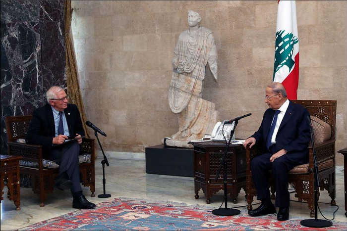 ▲当地时间6月19日，欧盟外交与安全政策高级代表何塞普·博雷利与黎巴嫩总统奥恩会面。路透社
