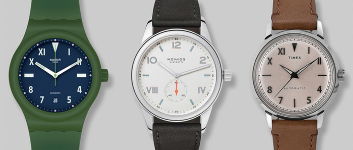 ▲ 年代更新的‘加州’手表，从左至右依次为 Swatch 的 Generation 1990、Nomos 的 Club Campus 和 Timex 的 Marlin Automatic California Dial。 图片来自：Arun