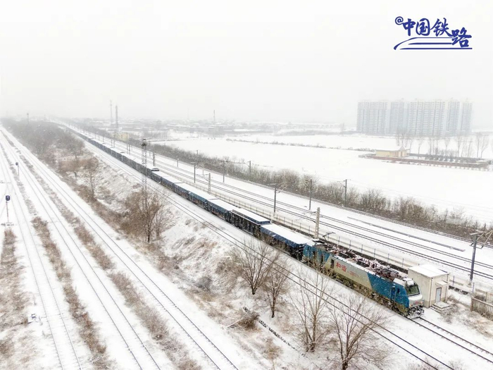 大雪纷飞，一列货运列车在京广线行驶。徐刚 摄