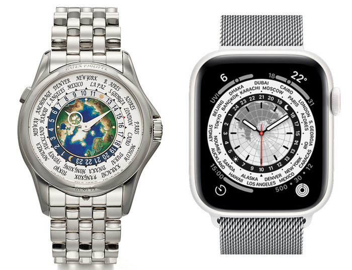 ▲ 百达翡丽型号 5131/1 P 手表（图左）和 Apple Watch 的‘世界时间’表盘（图右）。 图片来自：Antiquorum /&nbsp;Buddywatch