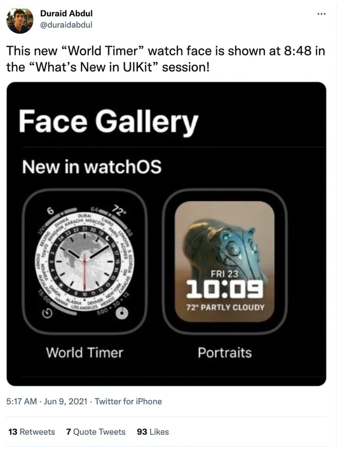 ▲‘世界时间’表盘在 WWDC 2021 大会上的露面。 图片来自：Twitter @duraidabdul