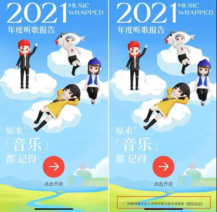 ▲网易云音乐“年度歌单”活动页面的前后变化：增加了《授权协议》并要求用点击同意