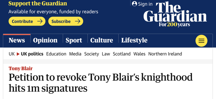 卫报：要求撤销托尼·布莱尔爵士头衔的请愿书上签名达到100万个