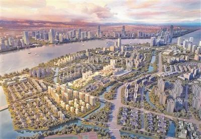 七都岛南滨江区块鸟瞰效果示意图。