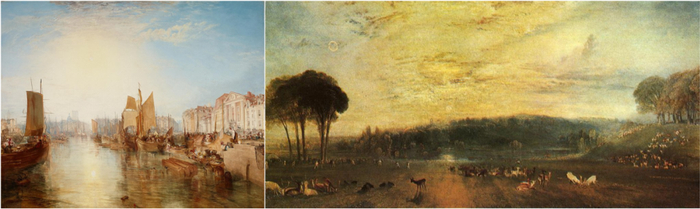 图6&nbsp;左侧为透纳画作《The Harbor of Dieppe》（1826），展现的是欧洲正常的日落美景；右侧为透纳画作《The Lake， Petworth： Sunset， Fighting Bucks》（1829），展示的是火山气溶胶影响下的猩红天空 | 图源：威廉·透纳（J.M.W． Turner）