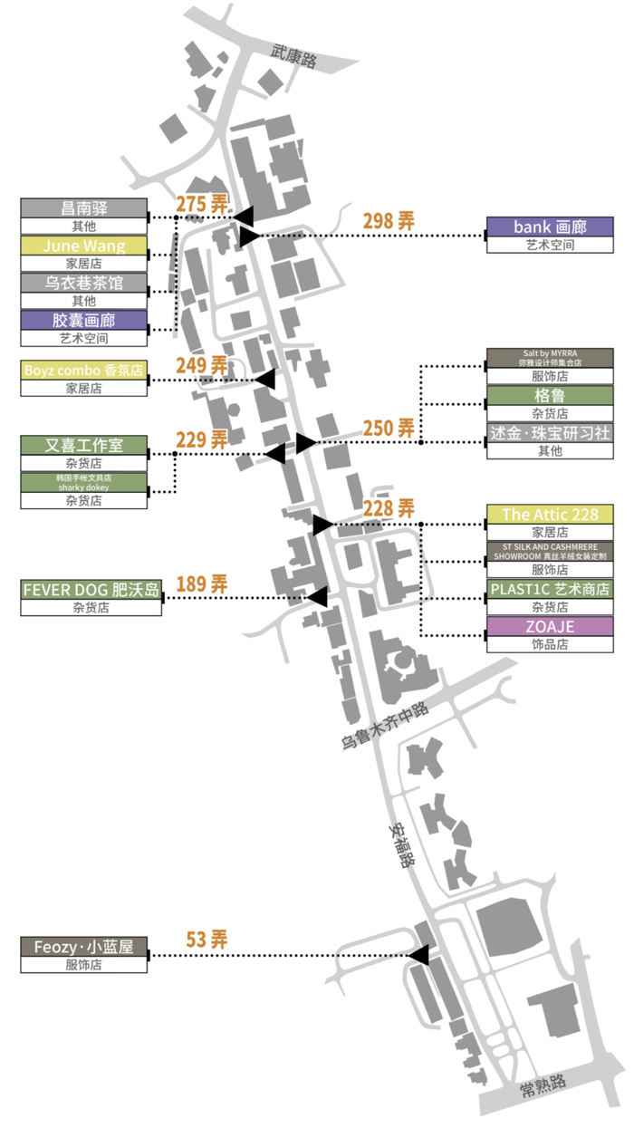 安福路弄堂里小店的分布