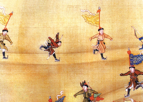 图为清代《冰嬉图》（局部），金昆、程志道、福隆安等绘。