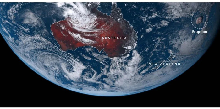 图1汤加洪阿·哈阿帕伊火山喷发形成了巨大的火山灰云（图片来自Doman et al 2022）。