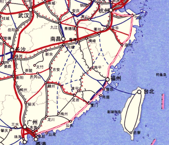 其中粉色的线是杭深线