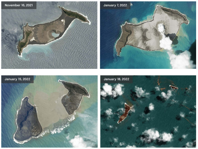 图6 汤加洪阿·哈阿帕伊火山喷发前后的卫星图像（图片来自Doman et al 2022）。